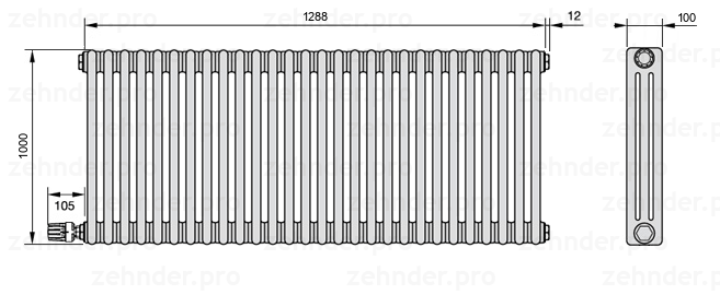 Схема (чертеж) Радиатор Zehnder Charleston 3100/28 №V004 Белый глянцевый RAL 9016